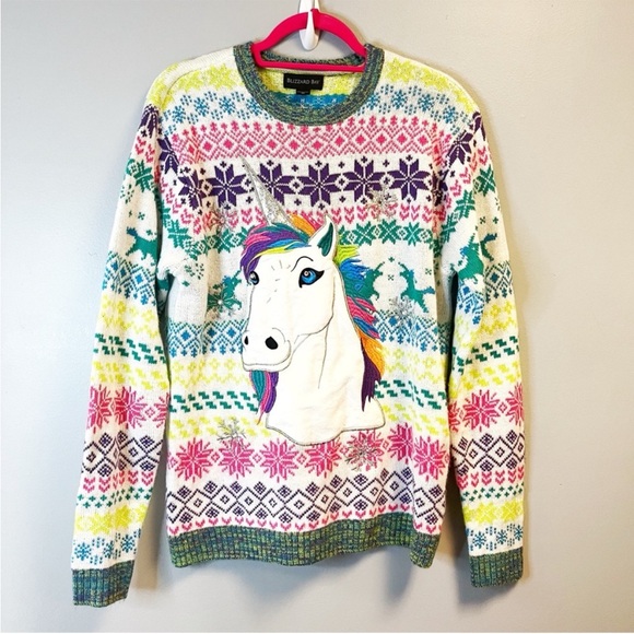Blizzard Bay Ugly Christmas Sweater Unisex Women’s Unicorn Knit M EUC Lisa Frank - Picture 2 of 6